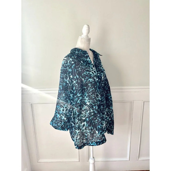 Allison Daley Textured Button Down Printed Blouse 24W Blue - Picture 2 of 4